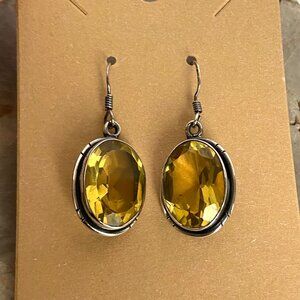 Sterling Silver 925 Oval Faceted Yellow Citrine Glass Dangle Drop Earrings